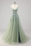 Green Tulle A Line Sequins Appliqued Long Prom Dress With Slit