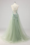 Green Tulle A Line Sequins Appliqued Long Prom Dress With Slit