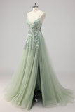 Green Tulle A Line Sequins Appliqued Long Prom Dress With Slit