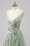 Green Tulle A Line Sequins Appliqued Long Prom Dress With Slit