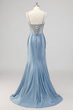 Mermaid Grey Blue Corset Beaded Long Prom Dress With Slit