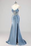 Mermaid Grey Blue Corset Beaded Long Prom Dress With Slit