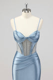 Mermaid Grey Blue Corset Beaded Long Prom Dress With Slit