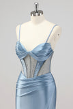 Mermaid Grey Blue Corset Beaded Long Prom Dress With Slit