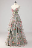 Grey Green A Line Beaded Corset Prom Dress with 3D Flowers