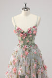 Grey Green A Line Beaded Corset Prom Dress with 3D Flowers