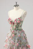 Grey Green A Line Beaded Corset Prom Dress with 3D Flowers