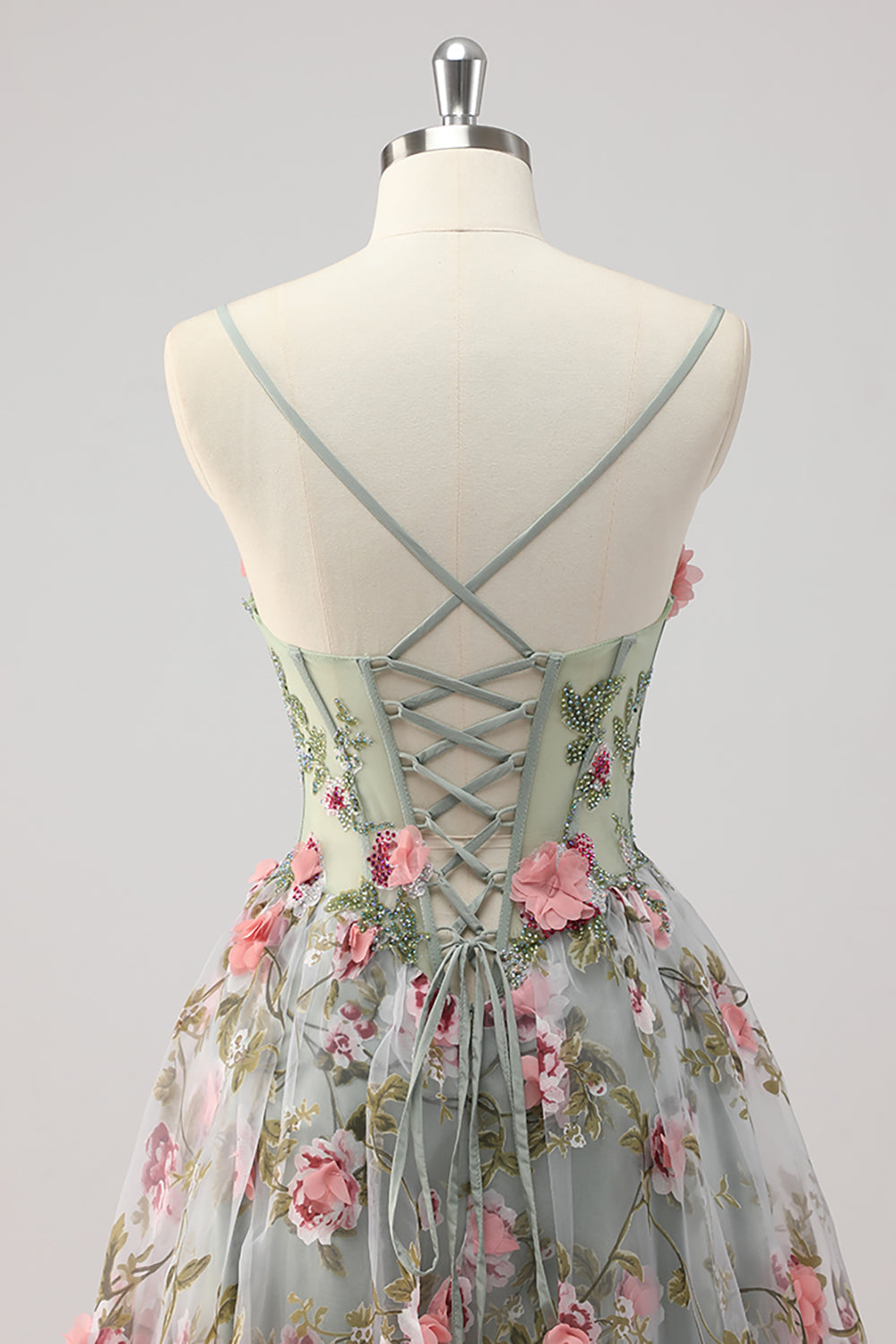 WEDTREND Women Grey Green Floral Prom Dress Corset Tulle Spaghetti Straps Appliqued A Line Wedding Party Dress WEDTREND Women Grey Green Floral Prom Dress Corset Tulle Spaghetti Straps Appliqued A Line Wedding Party Dress