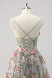 Grey Green A Line Beaded Corset Prom Dress with 3D Flowers