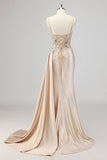 Champagne Mermaid Sequins Side Streamer Corset Prom Dress With Slit