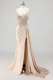 Champagne Mermaid Sequins Side Streamer Corset Prom Dress With Slit