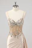 Champagne Mermaid Sequins Side Streamer Corset Prom Dress With Slit