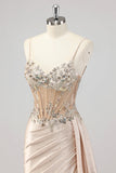 Champagne Mermaid Sequins Side Streamer Corset Prom Dress With Slit