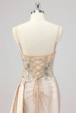 Champagne Mermaid Sequins Side Streamer Corset Prom Dress With Slit