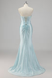 Blue Mermaid Strapless Beaded Prom Dress With Ruffled Slit