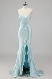 Blue Mermaid Strapless Beaded Prom Dress With Ruffled Slit