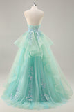 Green A Line Strapless Sequins Corset Long Prom Dress with Lace Up Back