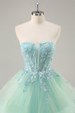Green A Line Strapless Sequins Corset Long Prom Dress with Lace Up Back