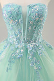 Green A Line Strapless Sequins Corset Long Prom Dress with Lace Up Back