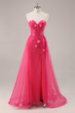 Fuchsia A Line Strapless Corset Tulle Sequins Floral Prom Dress with Slit
