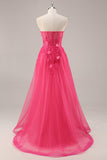 Fuchsia A Line Strapless Corset Tulle Sequins Floral Prom Dress with Slit