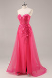 Fuchsia A Line Strapless Corset Tulle Sequins Floral Prom Dress with Slit