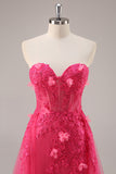 Fuchsia A Line Strapless Corset Tulle Sequins Floral Prom Dress with Slit