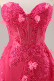 Fuchsia A Line Strapless Corset Tulle Sequins Floral Prom Dress with Slit