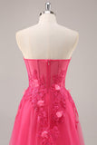 Fuchsia A Line Strapless Corset Tulle Sequins Floral Prom Dress with Slit