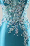 Blue Mermaid Satin Beaded Corset Long Prom Dress With Slit