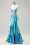 Blue Mermaid Satin Beaded Corset Long Prom Dress With Slit