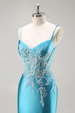 Blue Mermaid Satin Beaded Corset Long Prom Dress With Slit