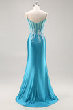 Blue Mermaid Satin Beaded Corset Long Prom Dress With Slit
