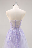 Lilac Mermaid Strapless Corset Long Prom Dress With Slit