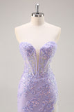 Lilac Mermaid Strapless Corset Long Prom Dress With Slit