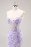 Lilac Mermaid Strapless Corset Long Prom Dress With Slit