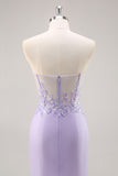 Lilac Mermaid Strapless Corset Long Prom Dress With Slit