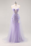 Lilac Mermaid Strapless Corset Long Prom Dress With Slit