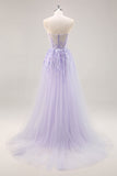 Lilac Mermaid Strapless Corset Long Prom Dress With Slit