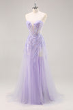 Lilac Mermaid Strapless Corset Long Prom Dress With Slit