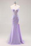 Lilac Mermaid Strapless Corset Long Prom Dress With Slit