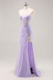Lilac Mermaid Strapless Corset Long Prom Dress With Slit