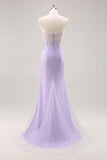 Lilac Mermaid Strapless Corset Long Prom Dress With Slit