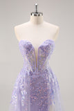 Lilac Mermaid Strapless Corset Long Prom Dress With Slit
