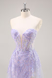 Lilac Mermaid Strapless Corset Long Prom Dress With Slit