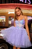Sequins Purple A-Line Corset Short Homecoming Dress with Ruffles