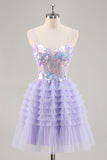 Sequins Purple A-Line Corset Short Homecoming Dress with Ruffles