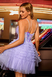 Sequins Purple A-Line Corset Short Homecoming Dress with Ruffles
