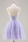 Sequins Purple A-Line Corset Short Homecoming Dress with Ruffles