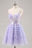 Purple A-Line Sequins Tulle Corset Short Homecoming Dress with Ruffles